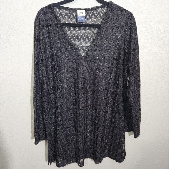 Womens Faded Glory Swim Cover-Up Top 2X Black Sheer Metallic Zigzag Knit V-Neck - Picture 1 of 13